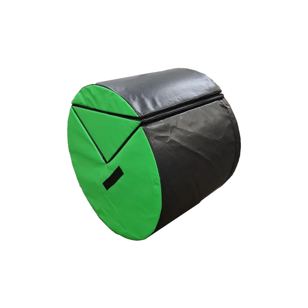 Cylindrical foam roller block with blue and yellow end panels, high-density PU foam, flame-retardant PVC cover, hook-and-loop seams and carry handle.