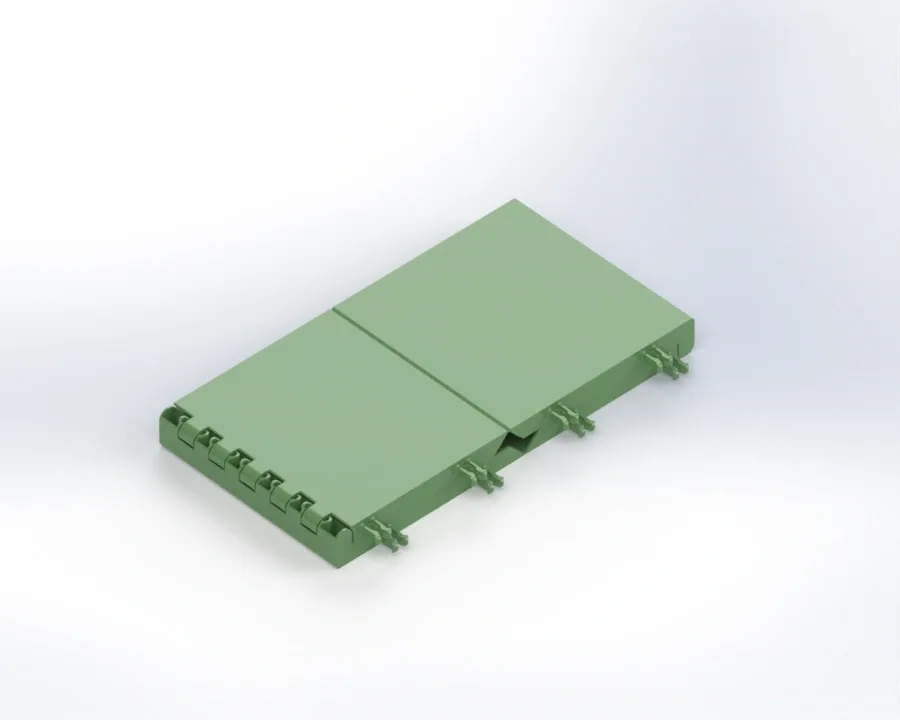Two green interlocking modular training panels with hinge-like side connectors and clips, shown flat on a white background.