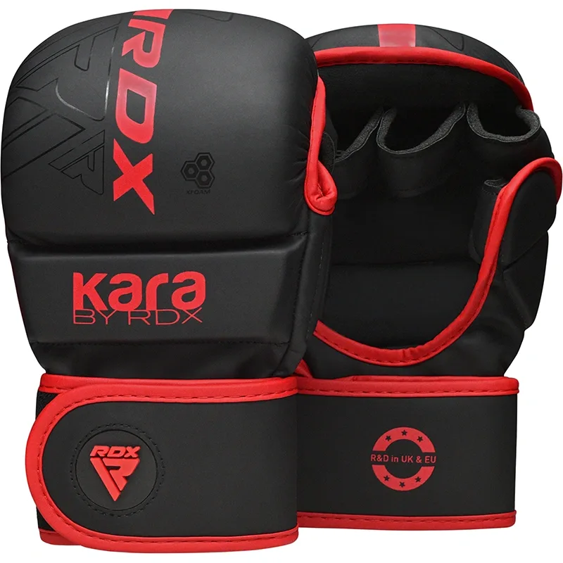 Black Maya Hide Convex Skin sparring gloves with red trim, showing the text 'kara BY RDX', an 'RDX' logo and 'R&D in UK & EU'.
