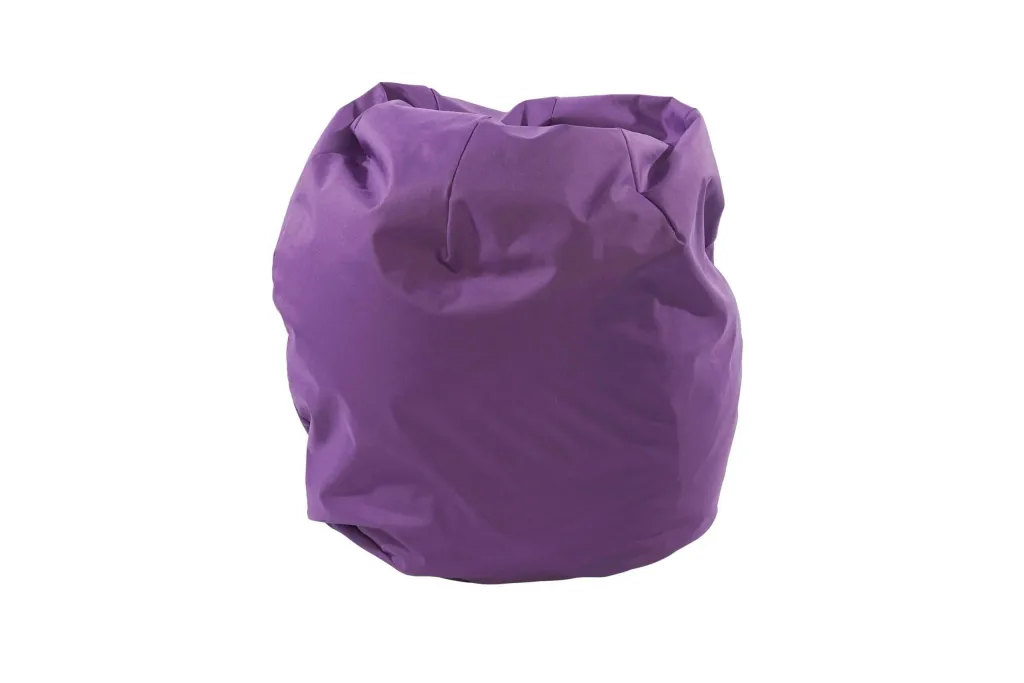 Purple polyester child bean bag with a rounded, wrinkled shape.