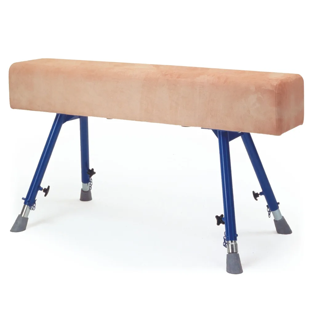 Beige padded hide top on blue adjustable steel legs, a height-adjustable gym vaulting buck.