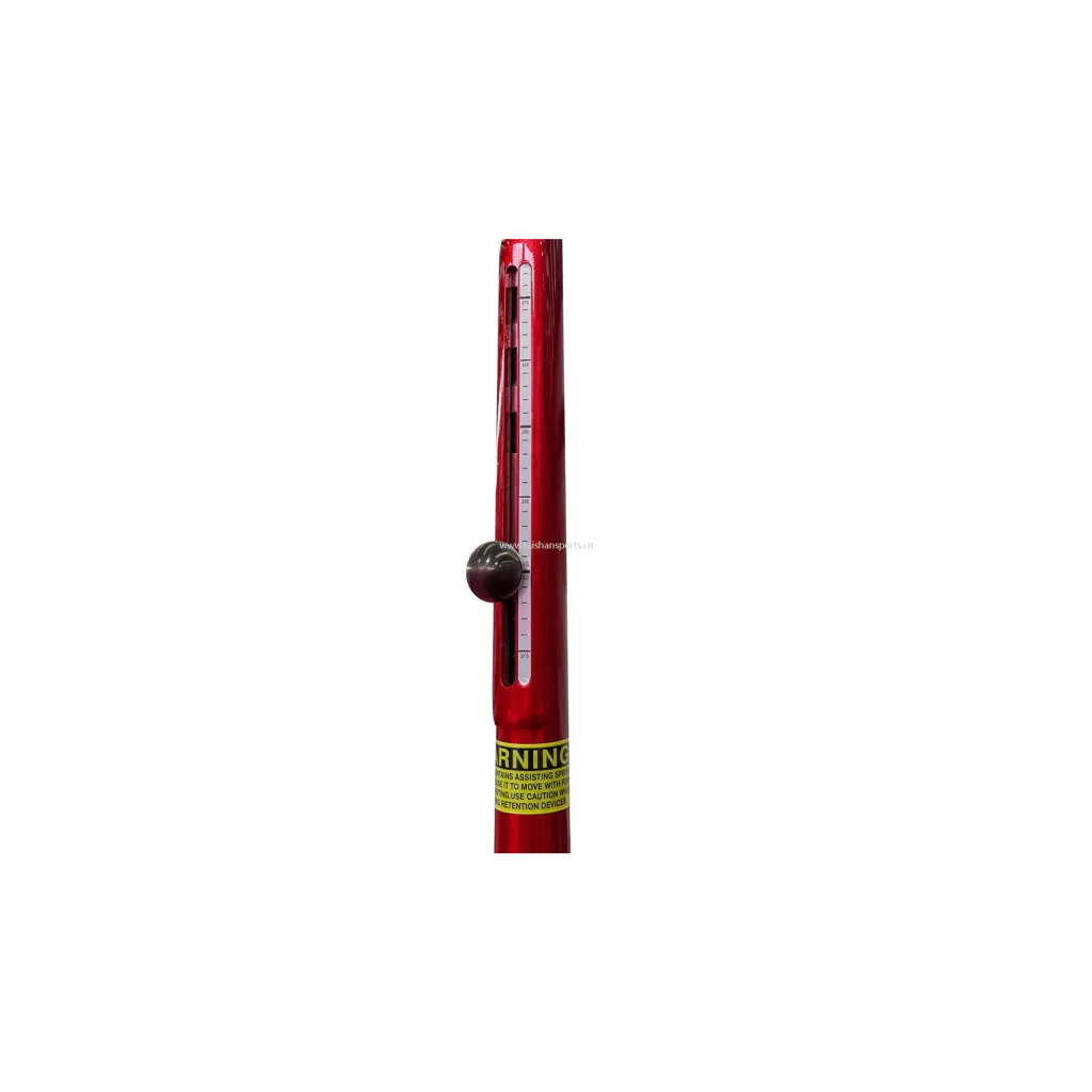 Red uneven bar support post with vertical adjustment scale, black round locking knob and yellow warning label reading "WARNING".