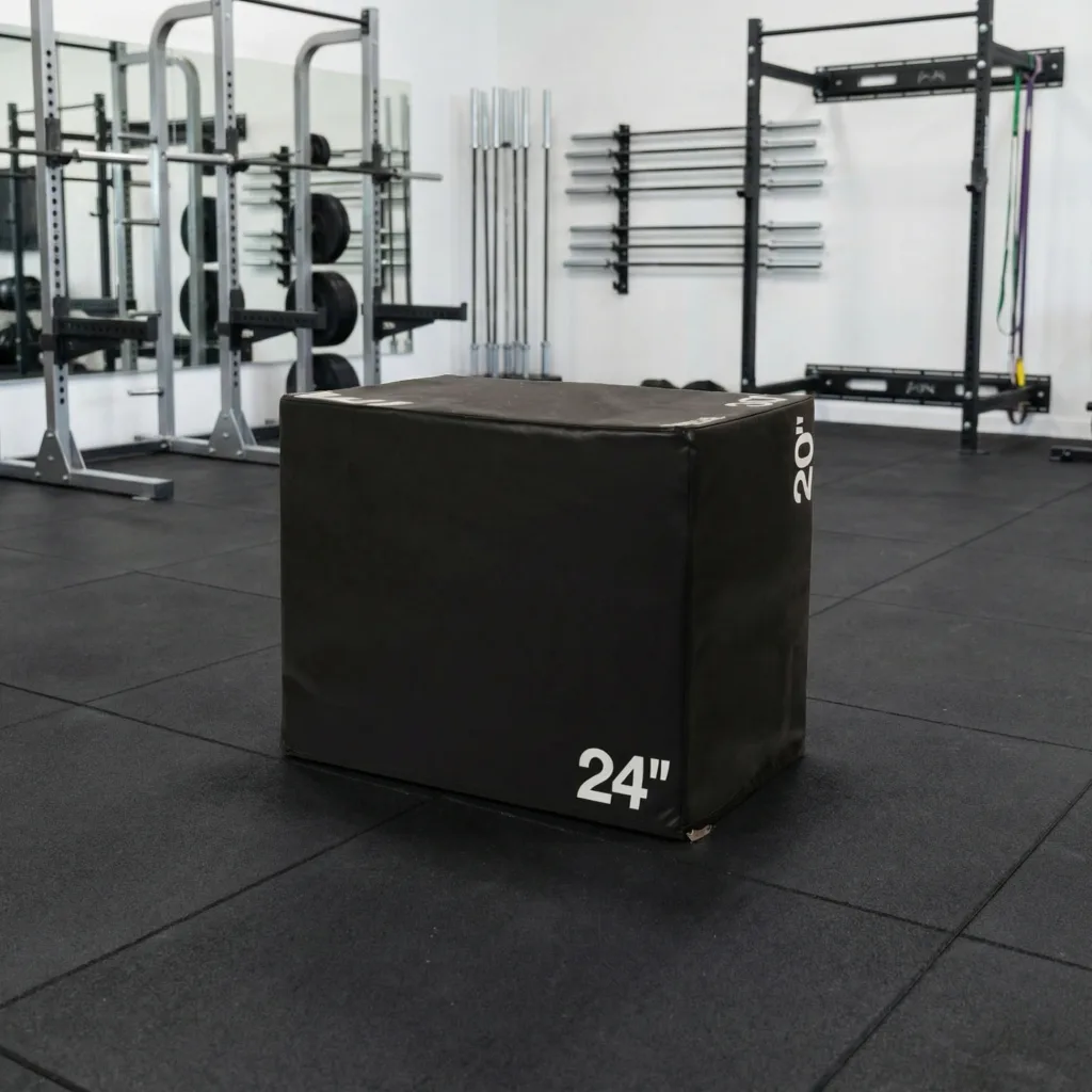 Black three-sided foam plyo box on a gym floor with 24" printed on the front and 20" on the side.