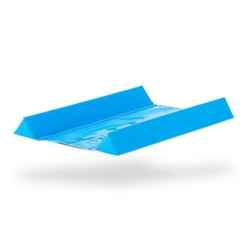 Blue inflatable training roll with raised triangular side rails and a flat center panel on a white background.