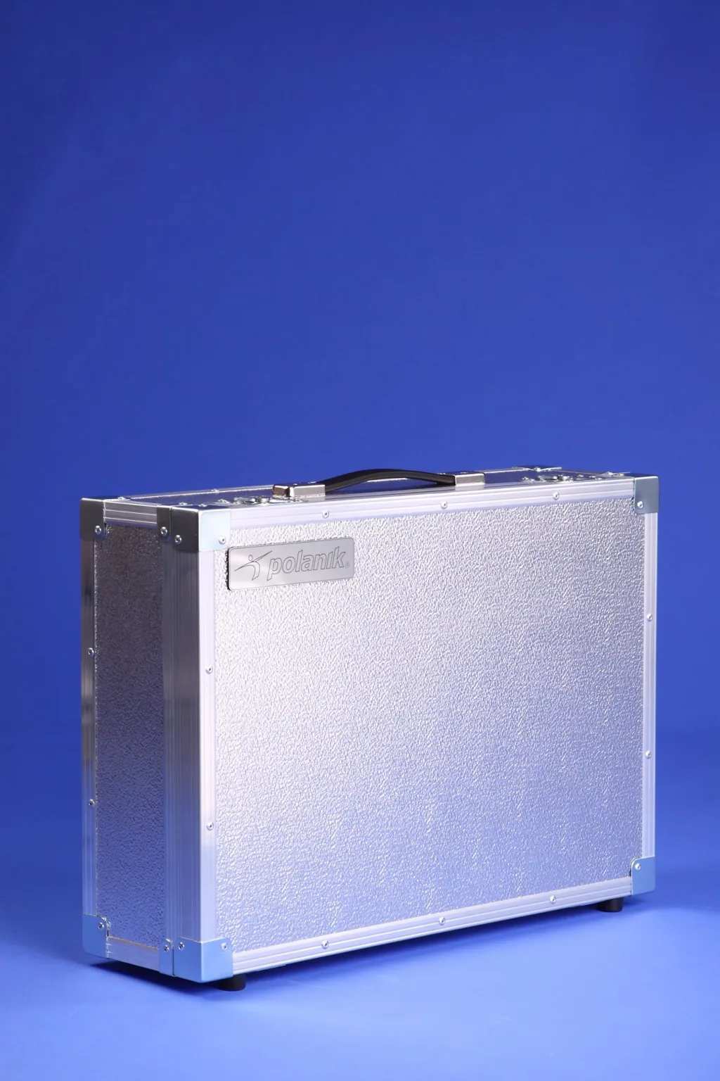 Aluminium hammer transport case with black handle, foam-lined interior, two compartments for heads and one for handles and gloves.