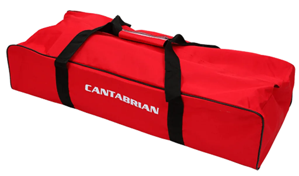 Red starting block bag with "Cantabrian" printed on the side and black carrying straps.
