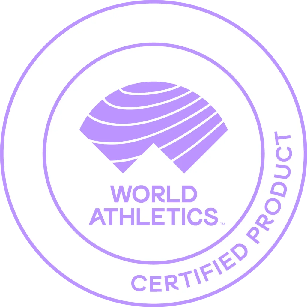 Circular seal with striped arch logo above the text "WORLD ATHLETICS" and the outer ring reading "CERTIFIED PRODUCT".