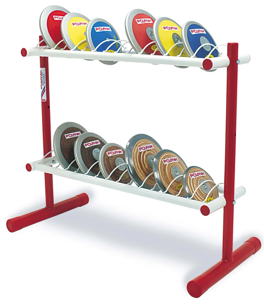 Red powder-coated steel two-tier discus rack holding colored and wooden discs marked Polanik.