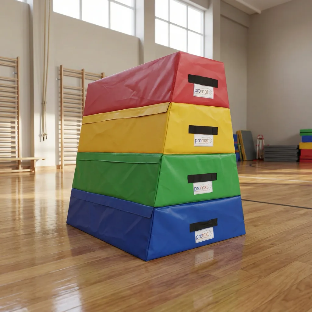 Four-section foam vaulting box with red, yellow, green and blue heavy-duty flame-retardant PVC covers stacked on a gym floor.