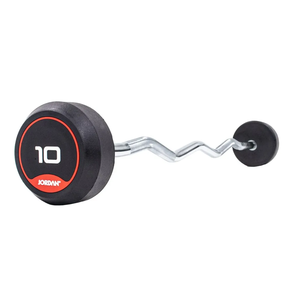 W-shaped brushed steel curl bar with knurled handle and rubber weight plates showing 10 on a red-accented black plate.