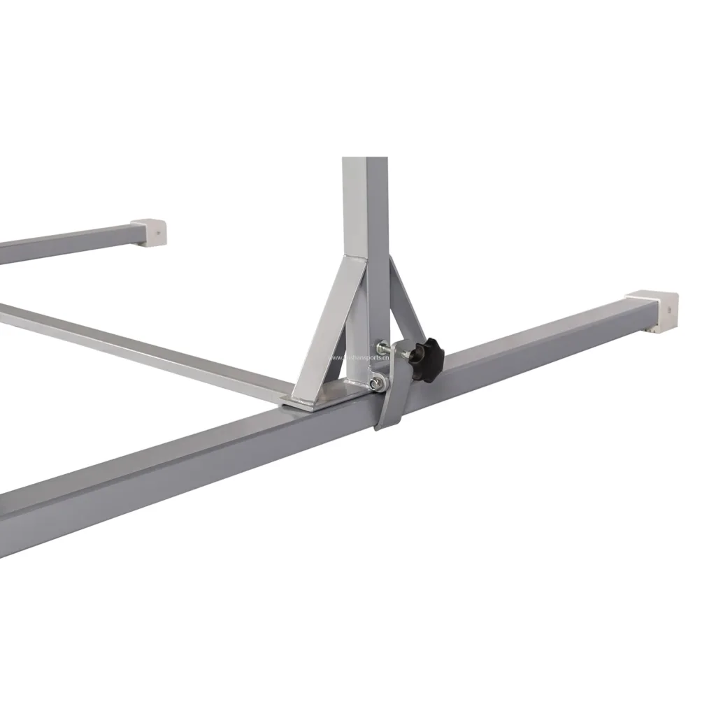 Silver carbon-steel base and upright of kids gymnastics rings frame with chrome-plated adjustment, black lift-lock knob, clamp, and welded support braces.