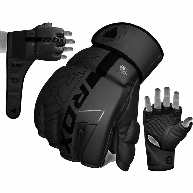 Pair of MMA grappling gloves in Convex Skin Maya Hide leather with exposed fingers and visible text RDX.