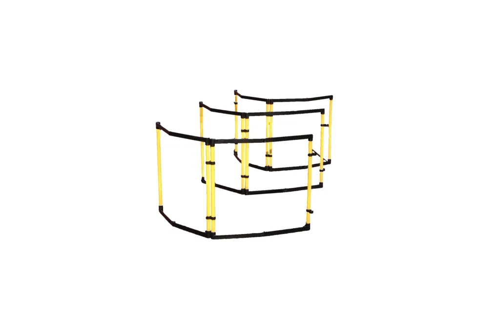 Pack of six yellow and black agility hurdles arranged in three staggered rows.
