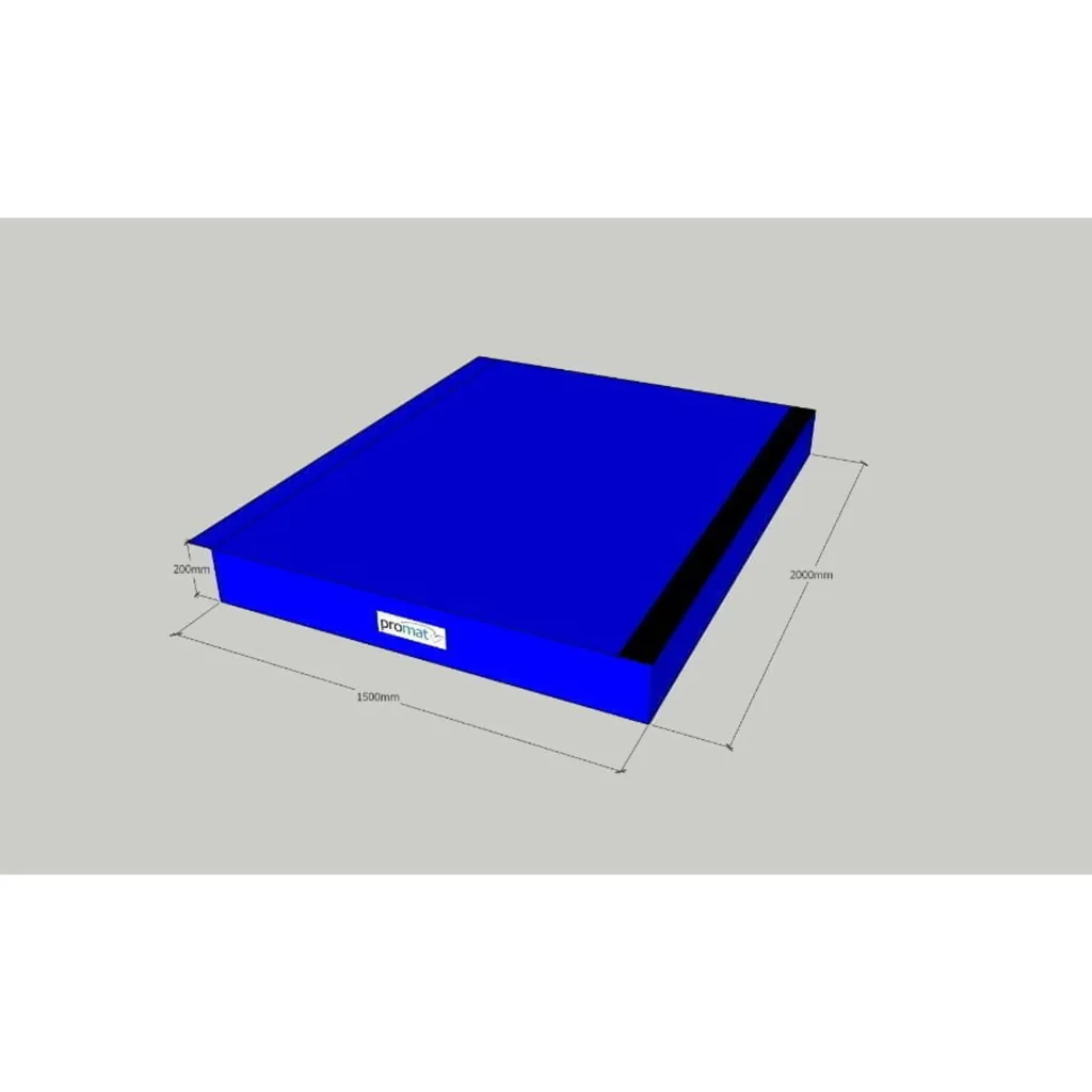PVC trampoline landing mat with a black hook-and-loop strip and label reading promat.