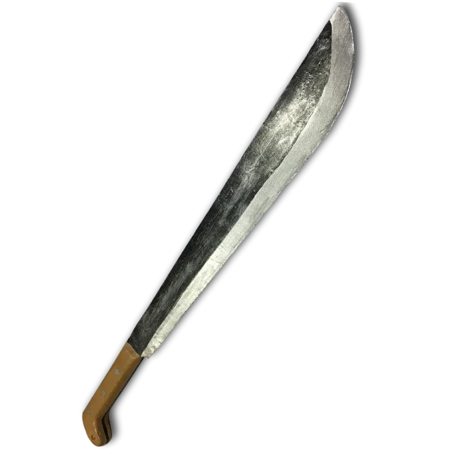 Safe PU foam machete training prop for police training, with a metallic silver blade and brown handle.