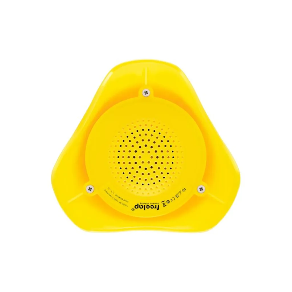 Yellow triangular athletics starter with a central perforated speaker, three visible screws, and the text 'freelap' printed near the edge.