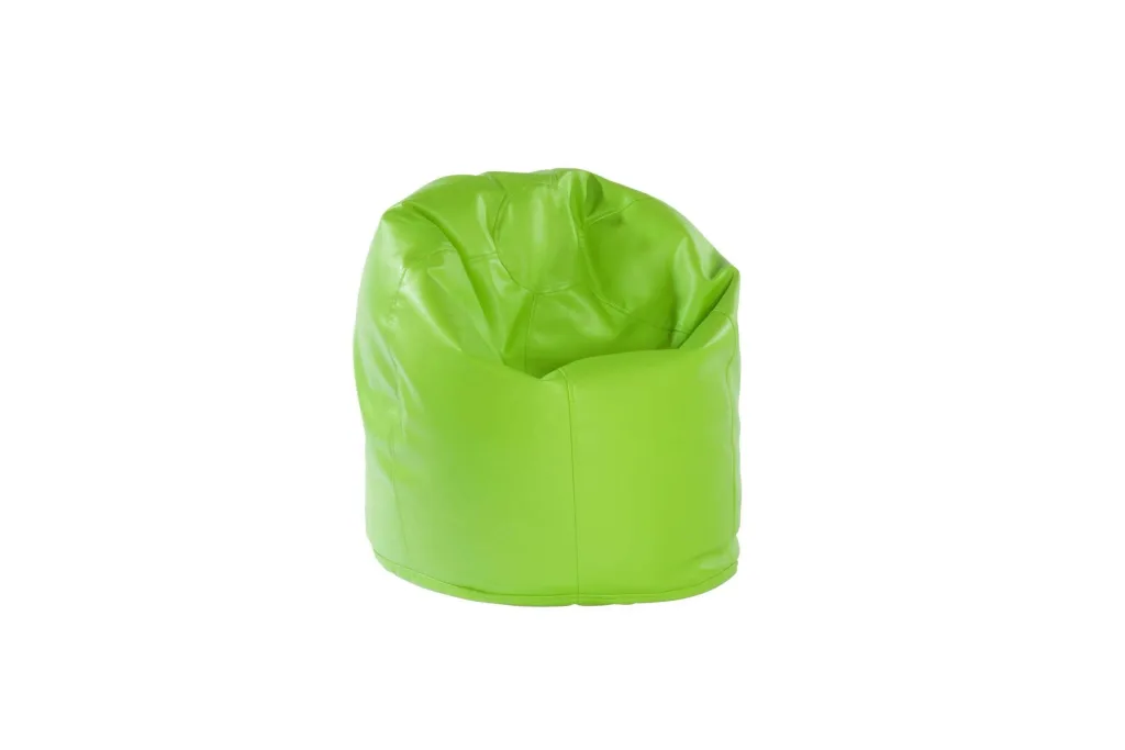 Lime 100% PVC faux leather child bean bag with stitched panels and a low backrest.