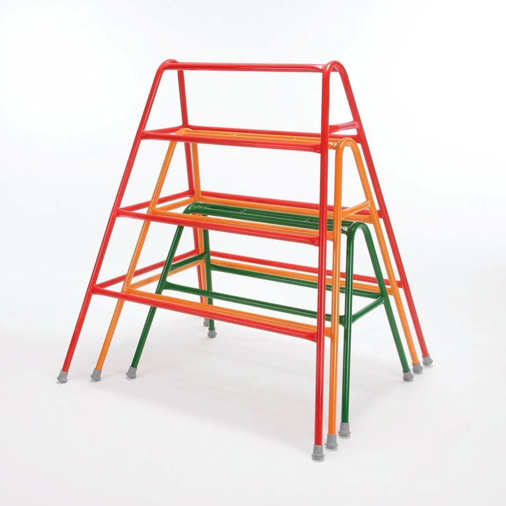 Stacked agility trestles in red, amber and green powder coated steel, nested a-frame bars with non-marking rubber feet.