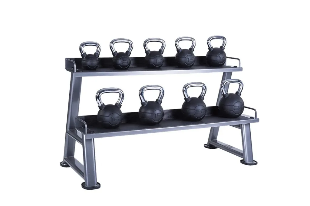 Graphite grey two-tier kettlebell rack with rubber-matted shelves holding nine black kettlebells.