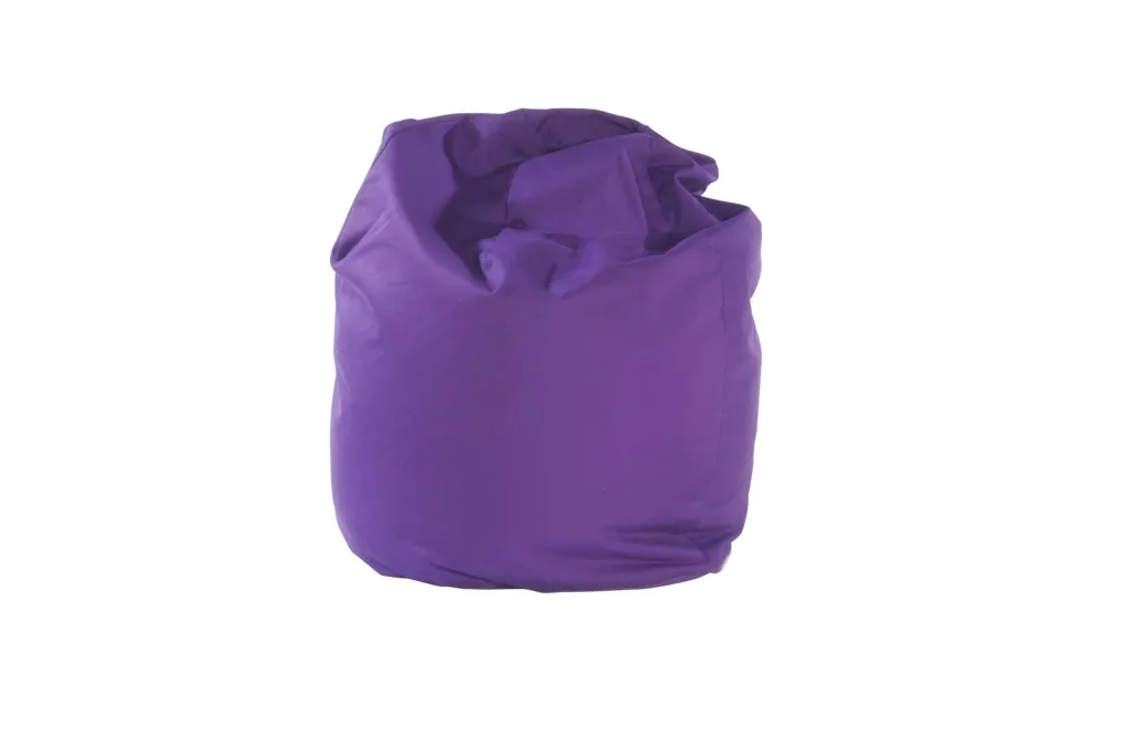 Purple child bean bag with a cotton cover, crumpled top and rounded base on a white background.