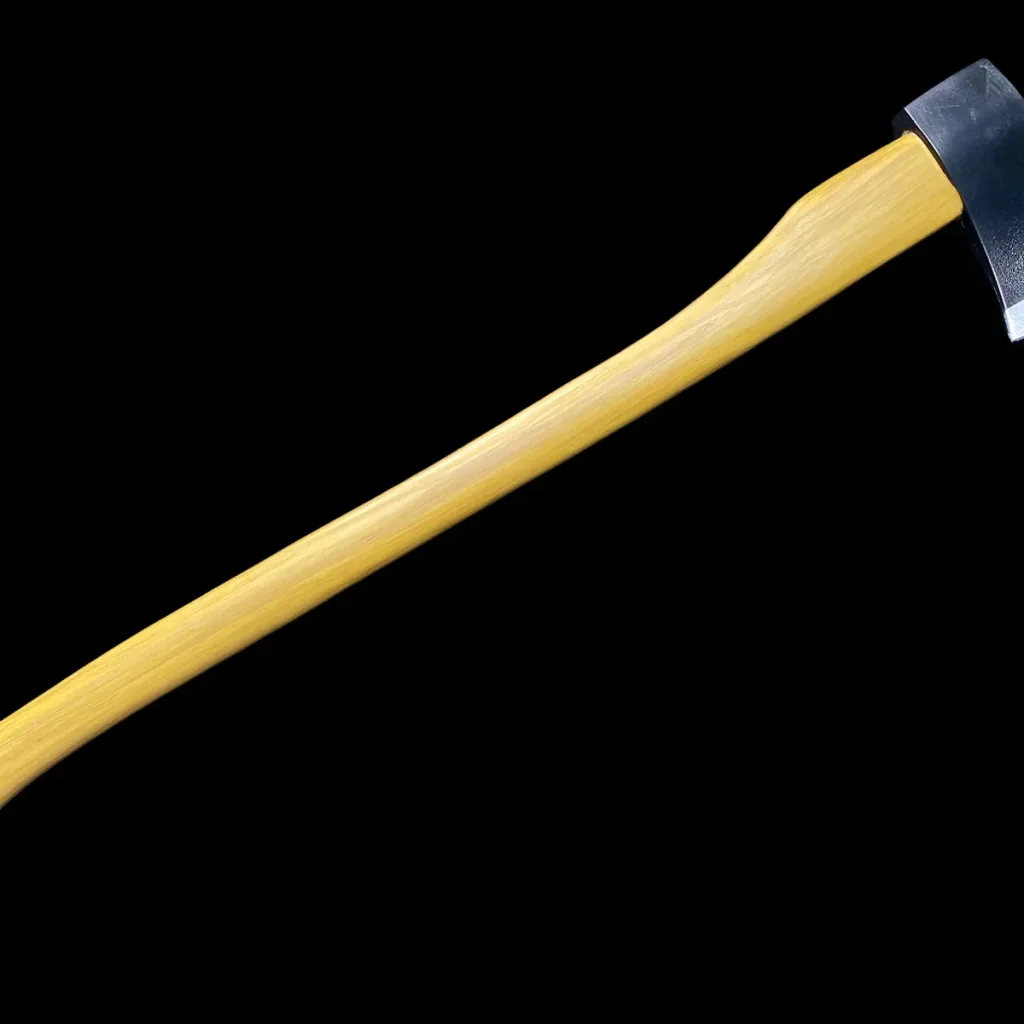 Long Axe training prop with yellow wood-effect handle and black head, made from PU foam, 83cm long.