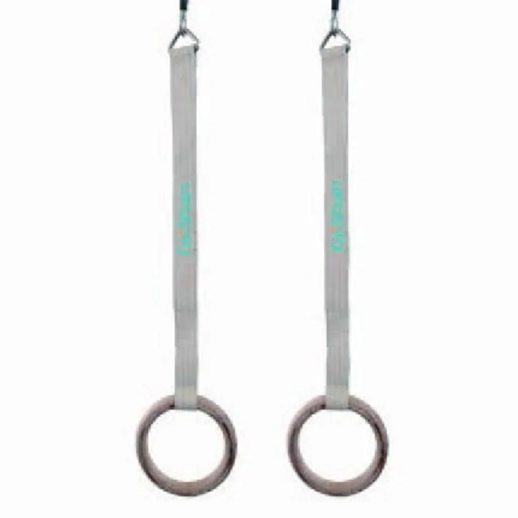 Two competition gymnastics rings made from multi-layer board, suspended on stainless-steel wire ropes and shock-absorbing straps.