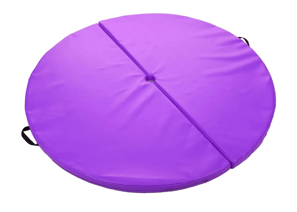 Circular heavy-duty PVC pole mat split into two pieces with a center hole and fixed carry handles.