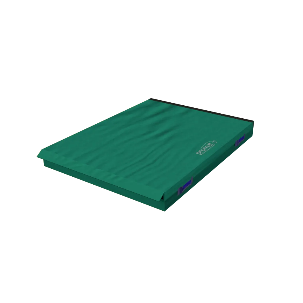 Green connecting safety mat with heavy-duty flame-retardant PVC cover, purple carry handles, hook-and-loop connectors, and the text promat.