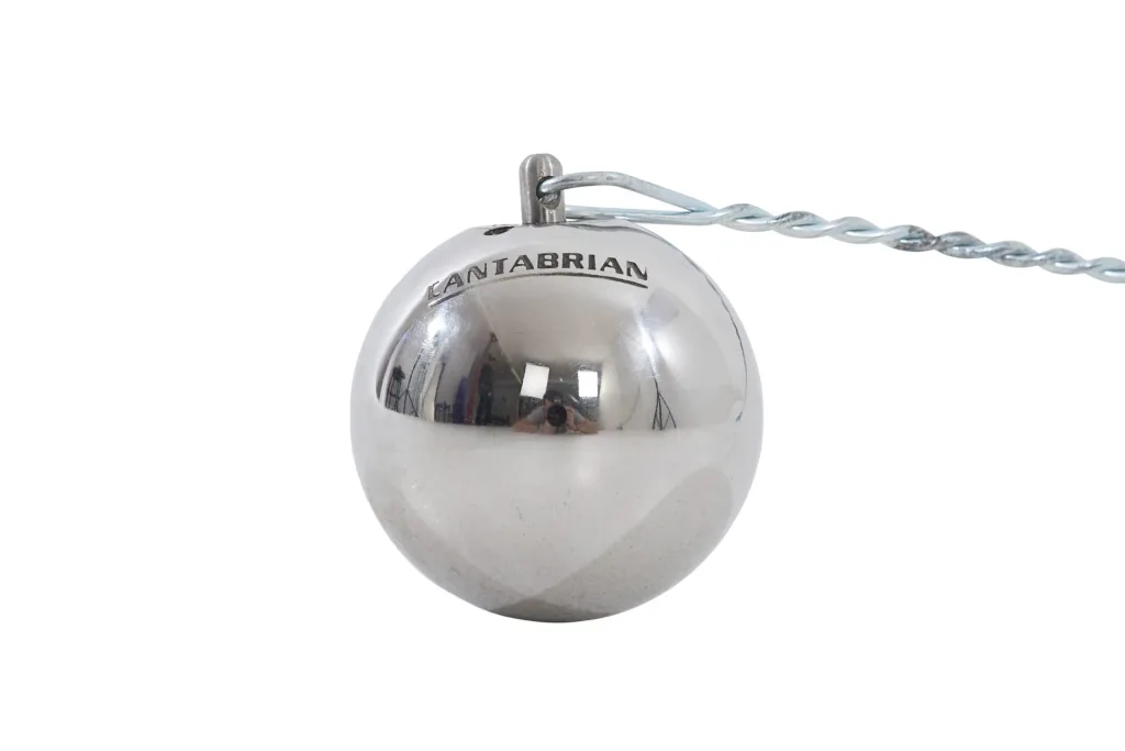 Stainless steel hammer ball engraved with CANTABRIAN and attached to a twisted hammer wire and swivel.