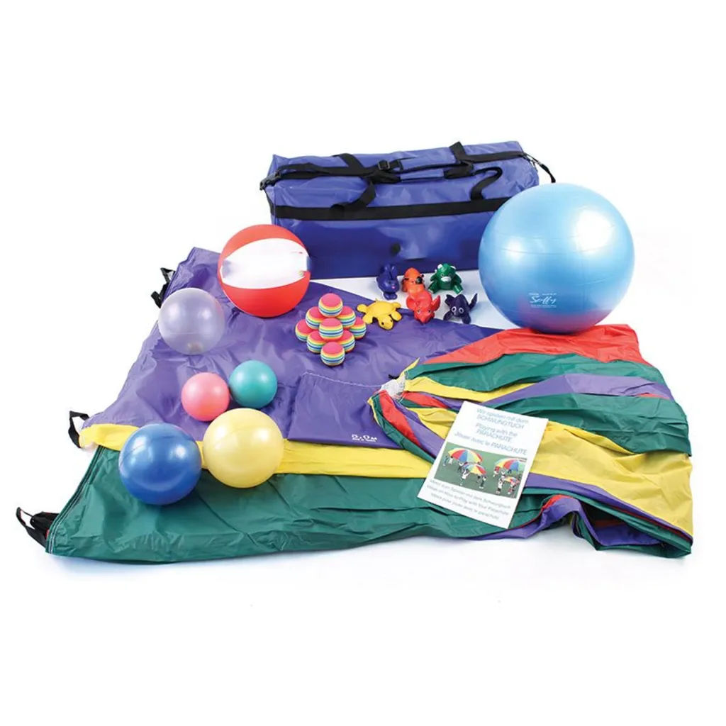 Parachute games set with multicolored parachute, purple bag, large blue ball, various small balls, eight beanbag animals, jinglin’ ball, and booklet.