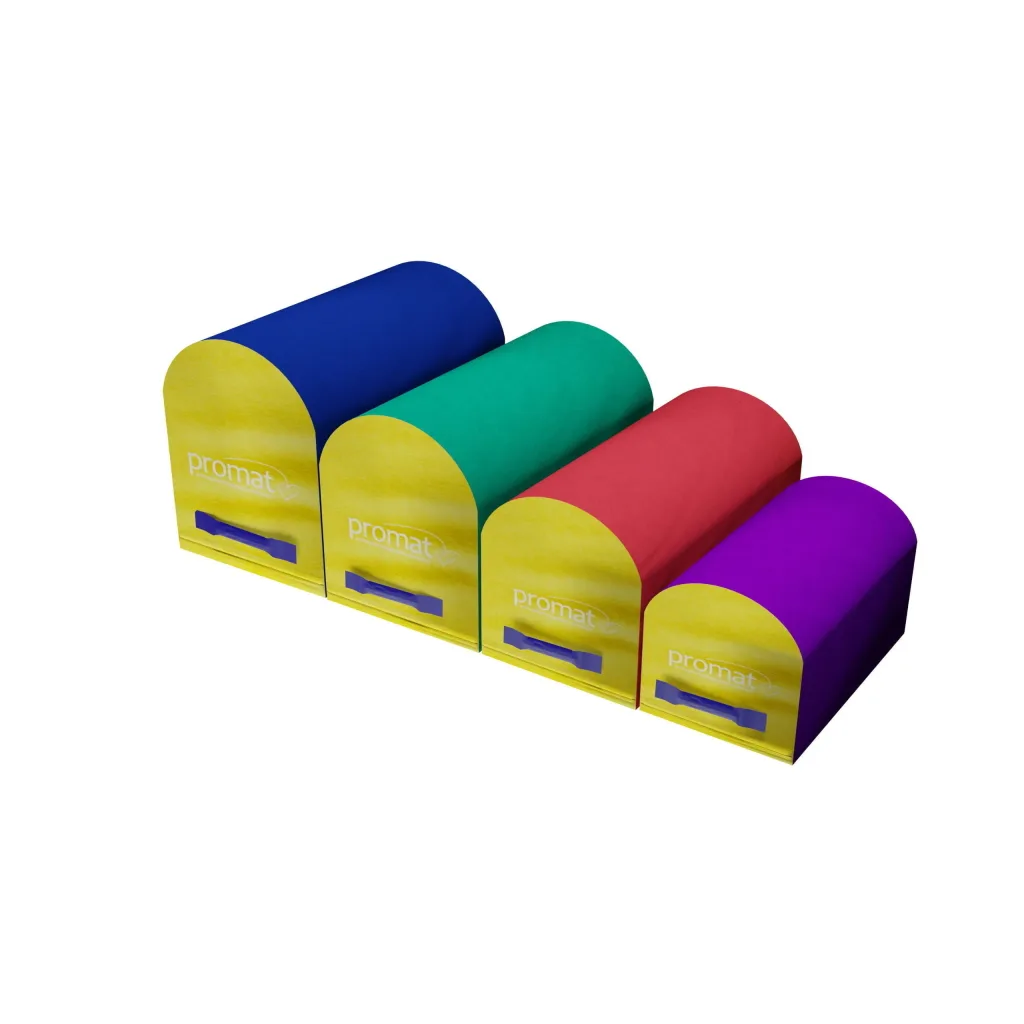 Four foam mailbox trainers in descending sizes with yellow fronts and rounded tops in blue, green, red and purple, each labeled promat.