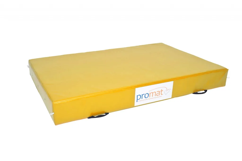 Yellow crash mat with soft PU foam core, flame-retardant nylon-reinforced PVC zipped cover, handles, breather holes and anti-slip base panels.