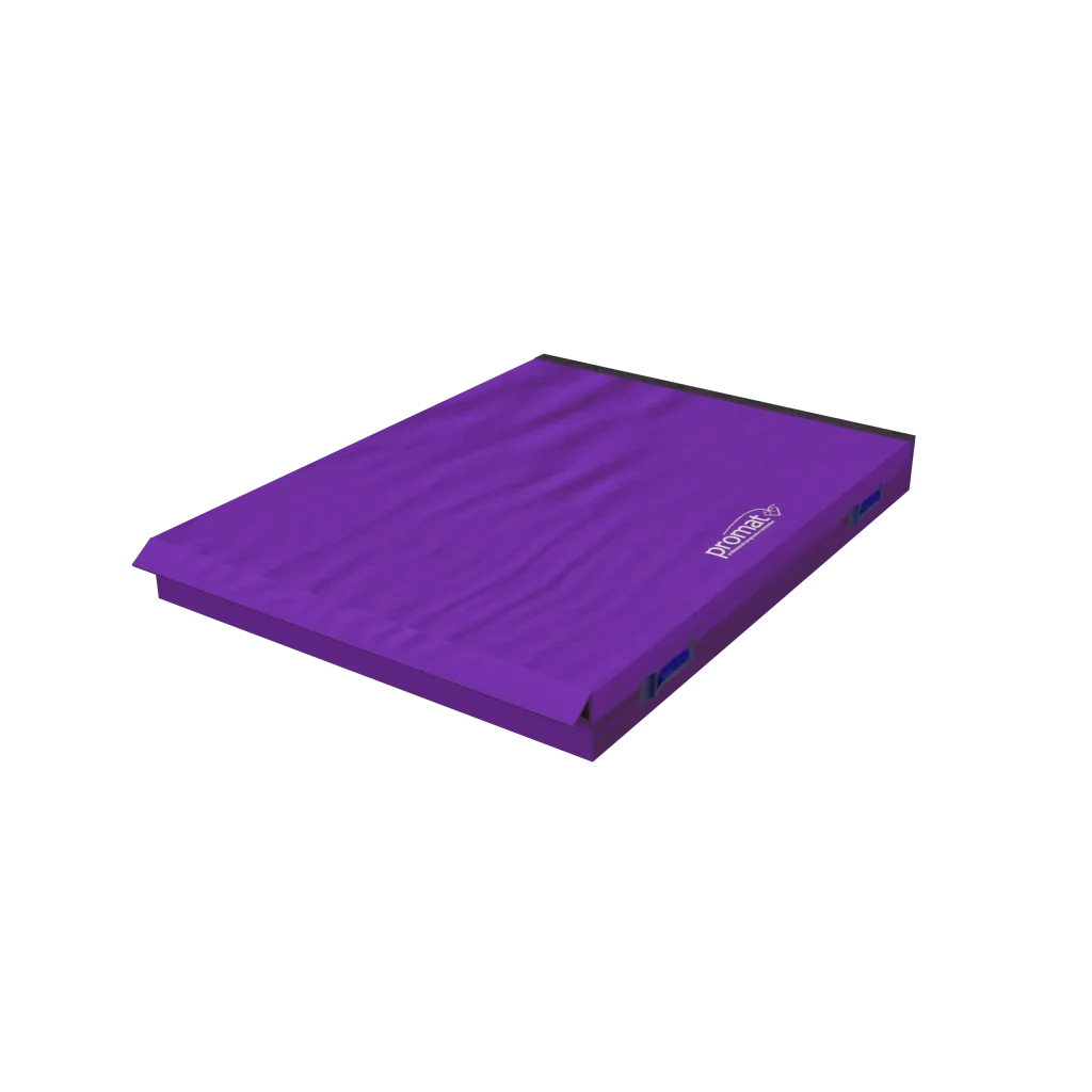Purple rectangular safety mat with heavy-duty PVC cover, visible carry handles and hook-and-loop connectors.
