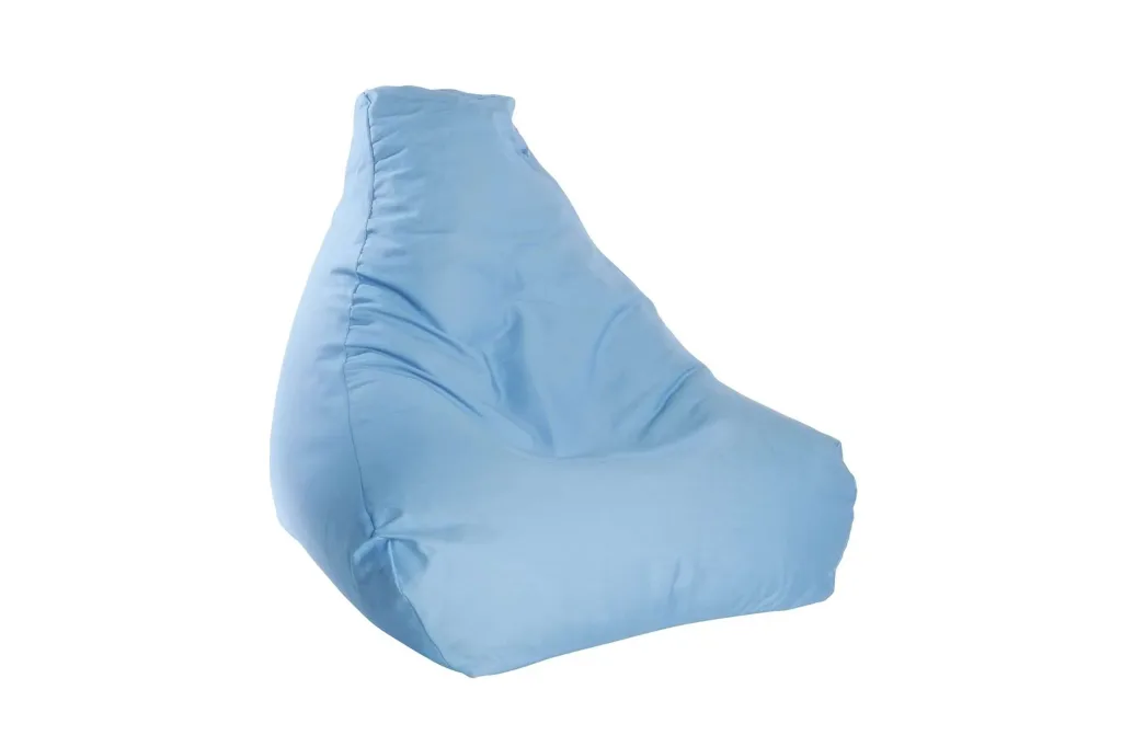 Light blue cotton child bean chair with high back support and removable liner.