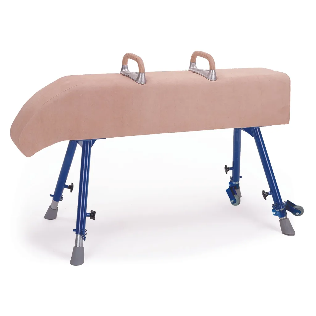 Padded hide vaulting buck with two arched top handles and fully adjustable steel legs fitted with casters and rubber feet.