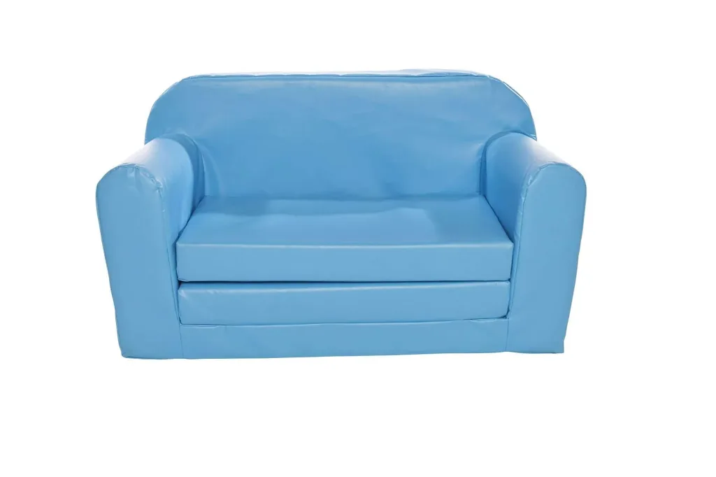 Snug Sofa Bed, compact two-seat sofa with rounded arms that converts to a low bed, block foam cushions and PVC cover.