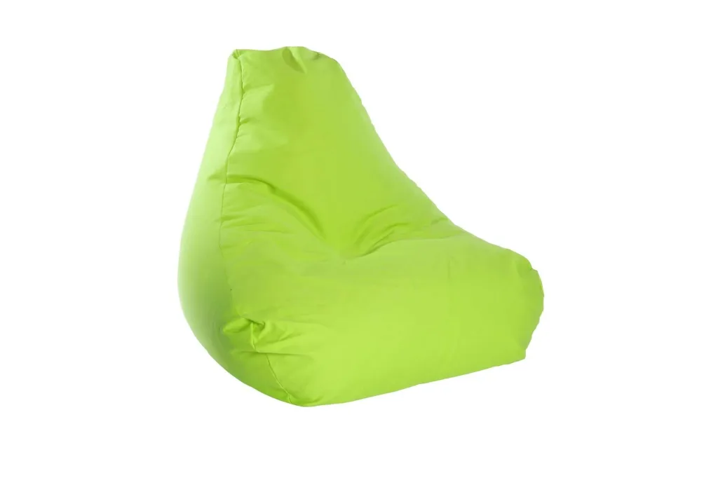 Child-sized lime green cotton bean chair with high back support and sloped seat.