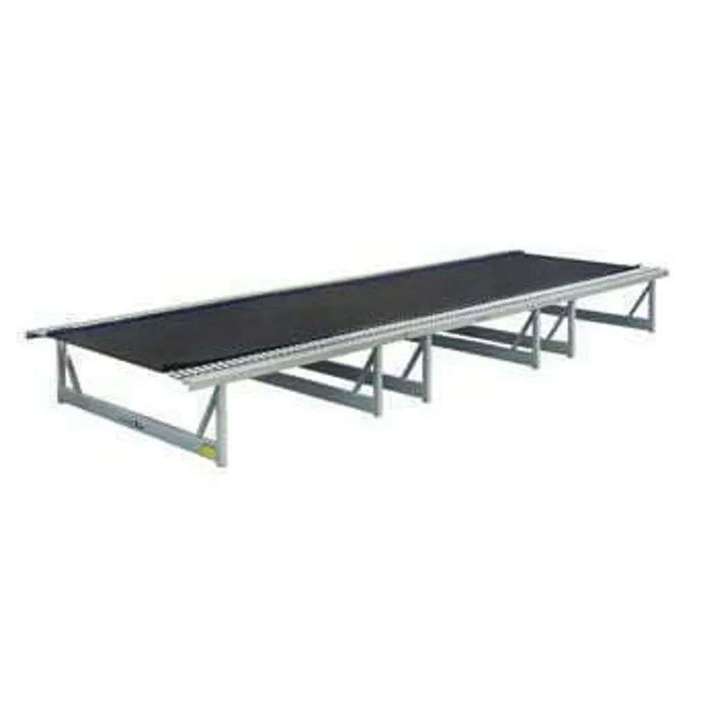 Long acrobatics training track with PVC-coated nylon mesh bed on welded carbon steel frame with steel springs and padded frame protection.
