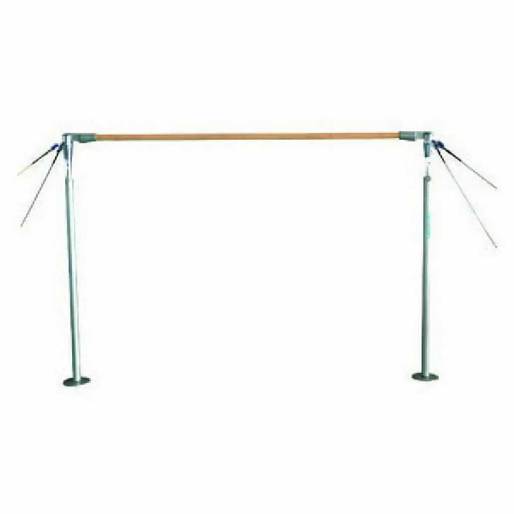 Adjustable horizontal gymnastics bar with chrome-plated steel supports, maple-wrapped fiberglass rail, and stainless steel tension wires.