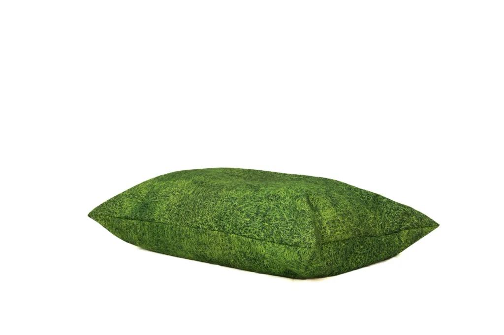 Large green grass-print floor cushion with a 100% polyester outer cover.