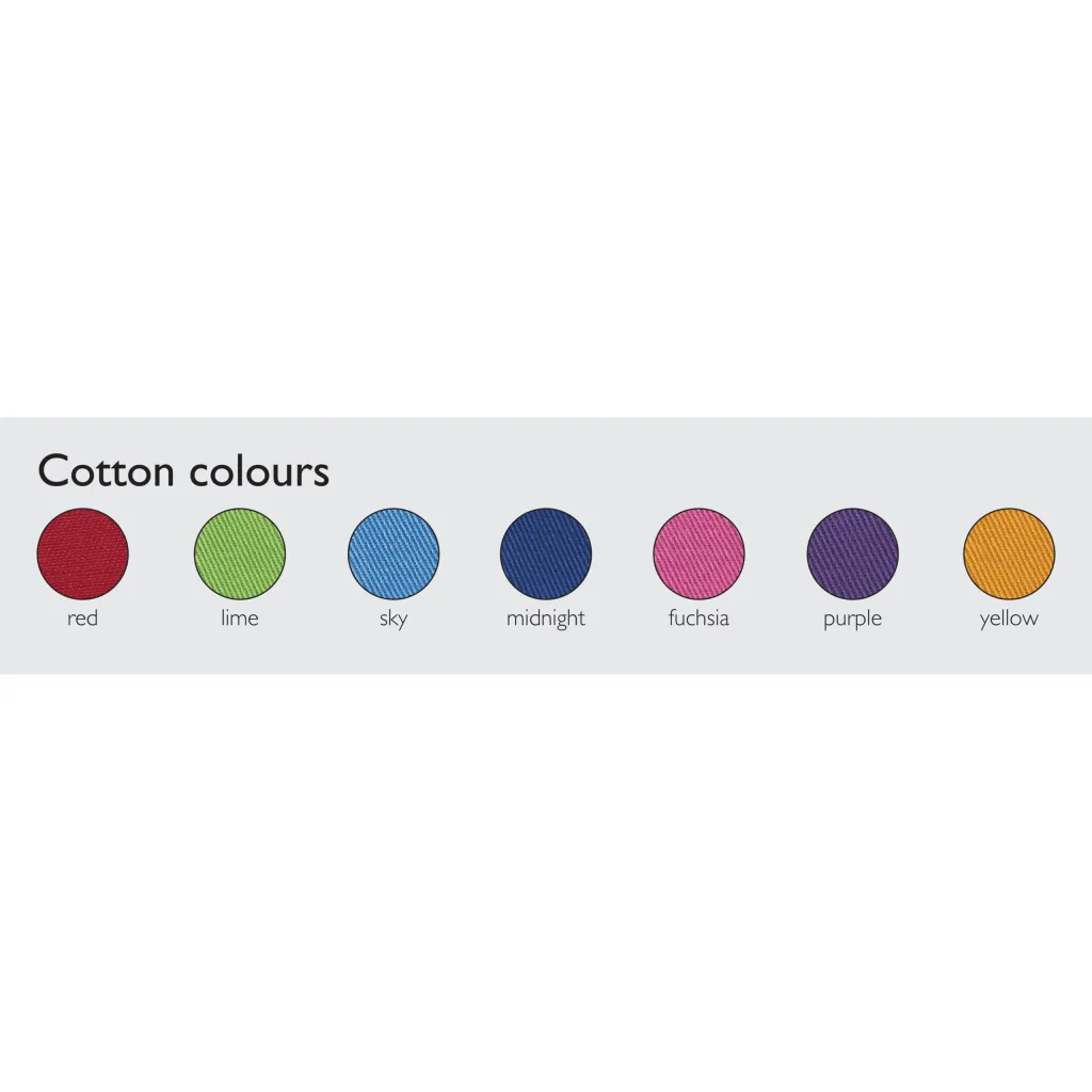Seven cotton colours displayed with header Cotton colours and swatches labeled red, lime, sky, midnight, fuchsia, purple, yellow.