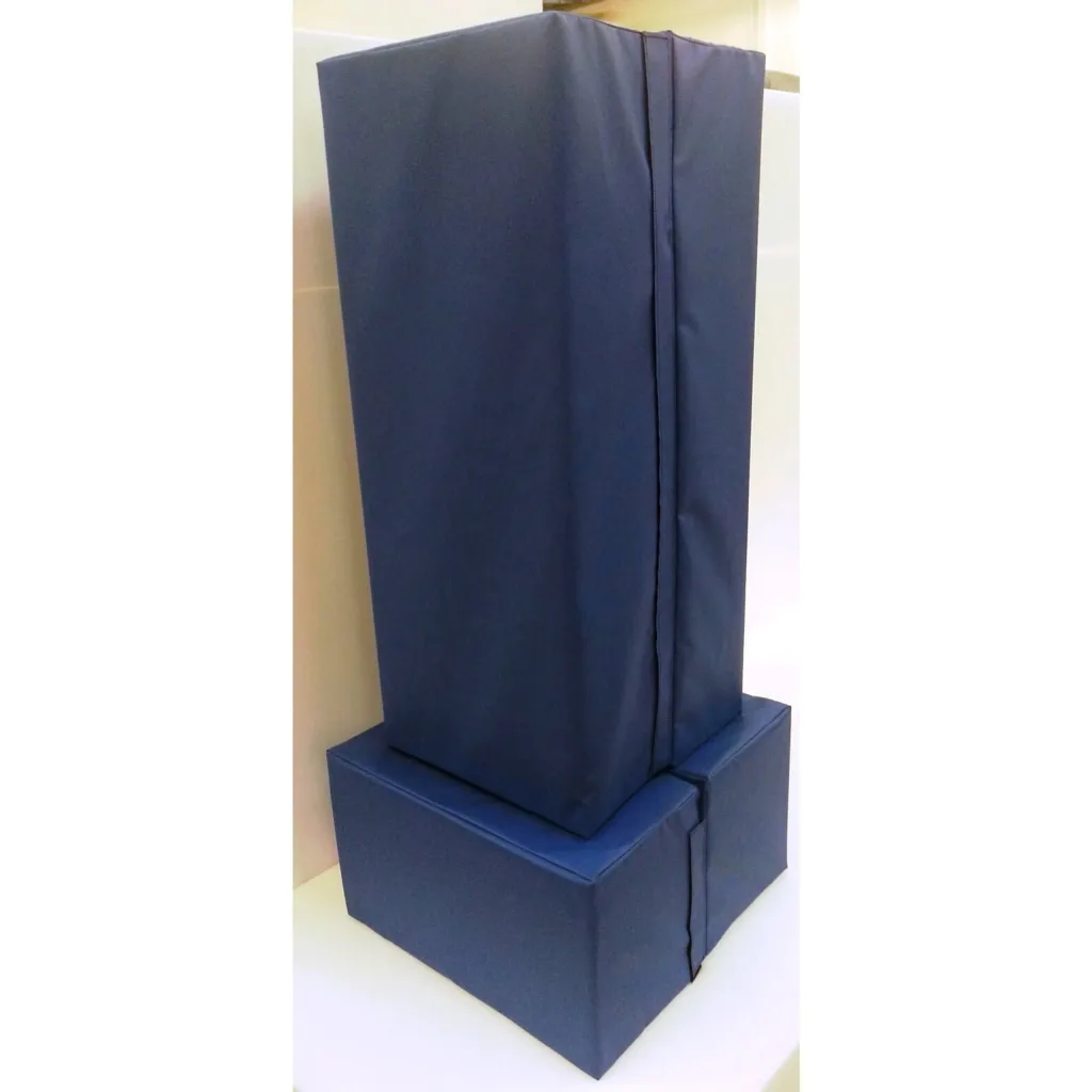 Royal blue square post pads, polyurethane foam cores with heavy-duty PVC covers and a vertical hook-and-loop seam, stacked on a white surface.