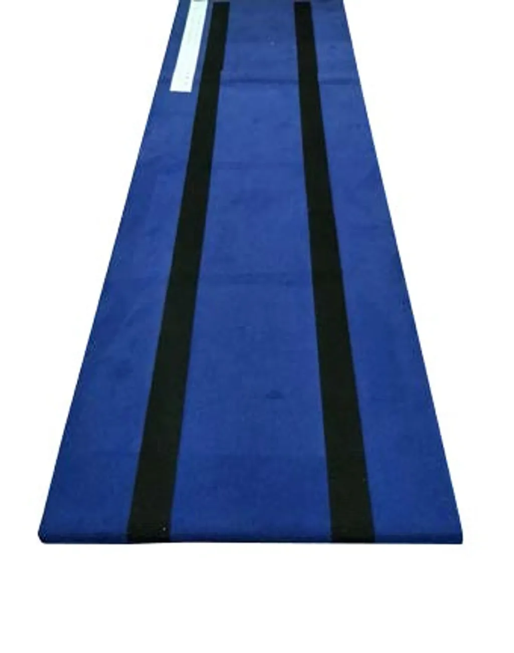 Blue folding vaulting board with birch wood core and carpet matting, two black center strips and a white rectangular end patch.