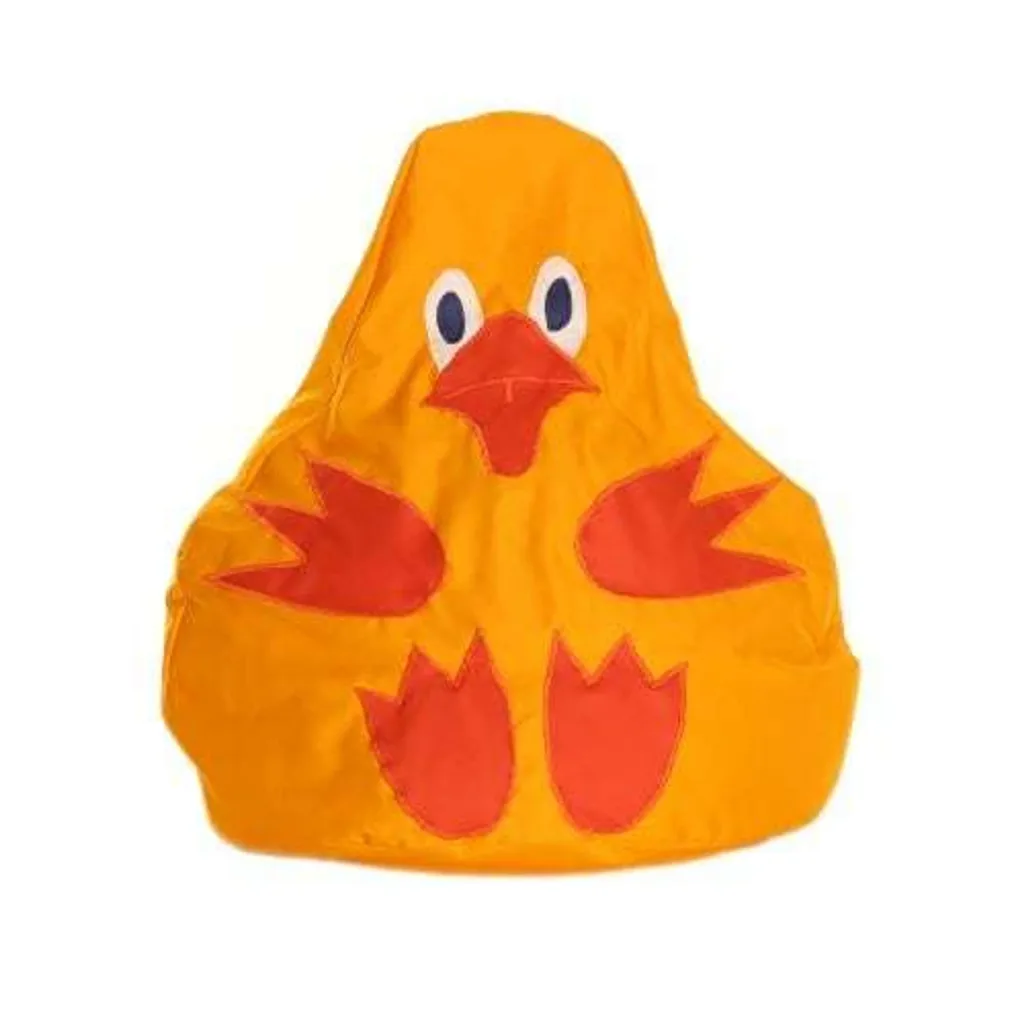 Yellow farm animal bean bag shaped like a chick with orange beak, orange wing and foot appliques and white eyes with blue pupils.