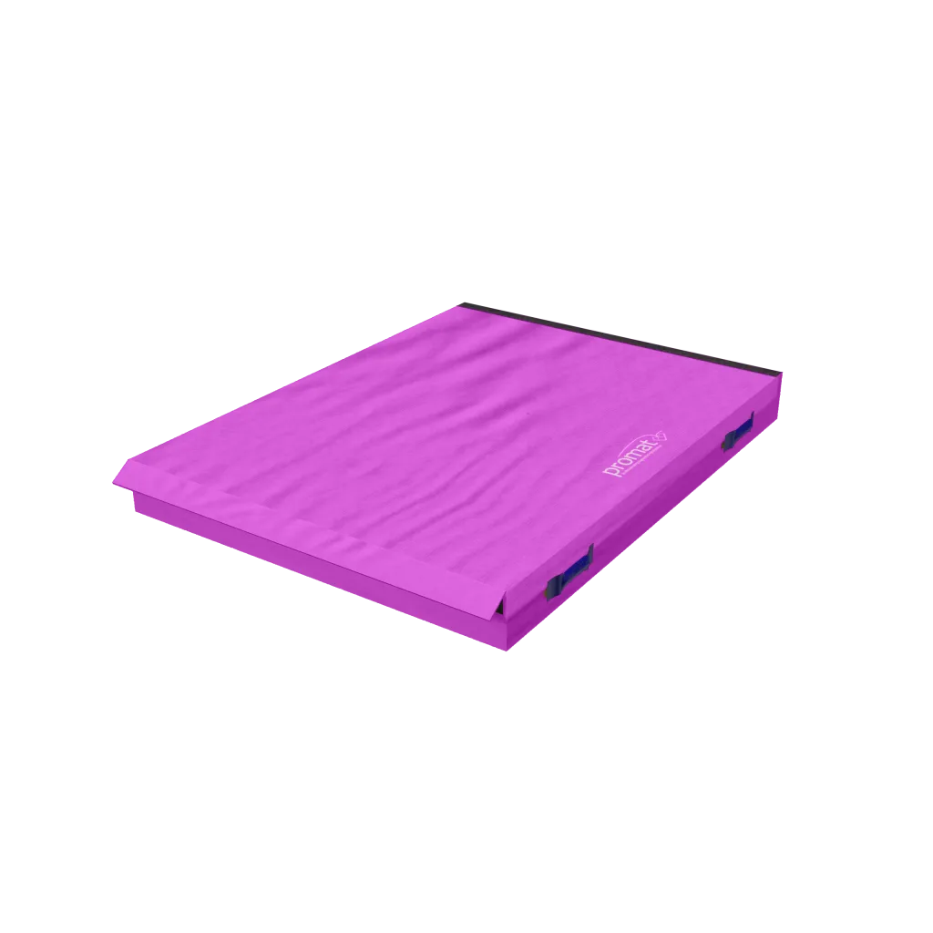 Pink connecting safety mat with wipeable PVC cover, black carry handles, hook-and-loop edge and promat text on the surface.