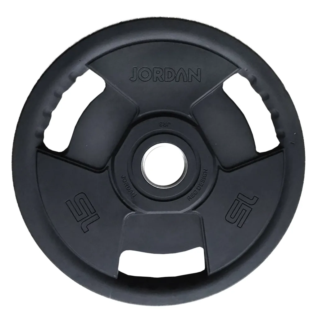 Rubber-coated cast-iron Olympic weight plate with three grip cutouts and "15" markings.