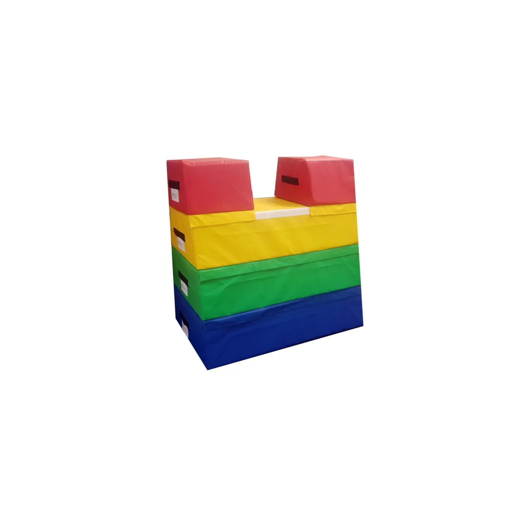 Four-section foam vaulting box with triple top, brightly coloured sections, high-density PU foam and flame-retardant PVC cover with handles.