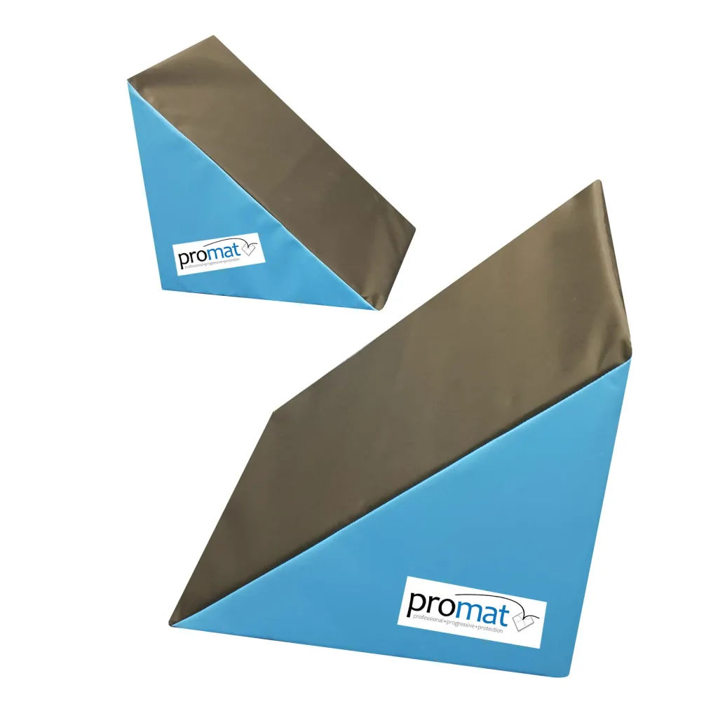 Two blue PVC-covered triangular foam wedges with dark gray tops, one smaller behind the larger, both showing the label "promat".
