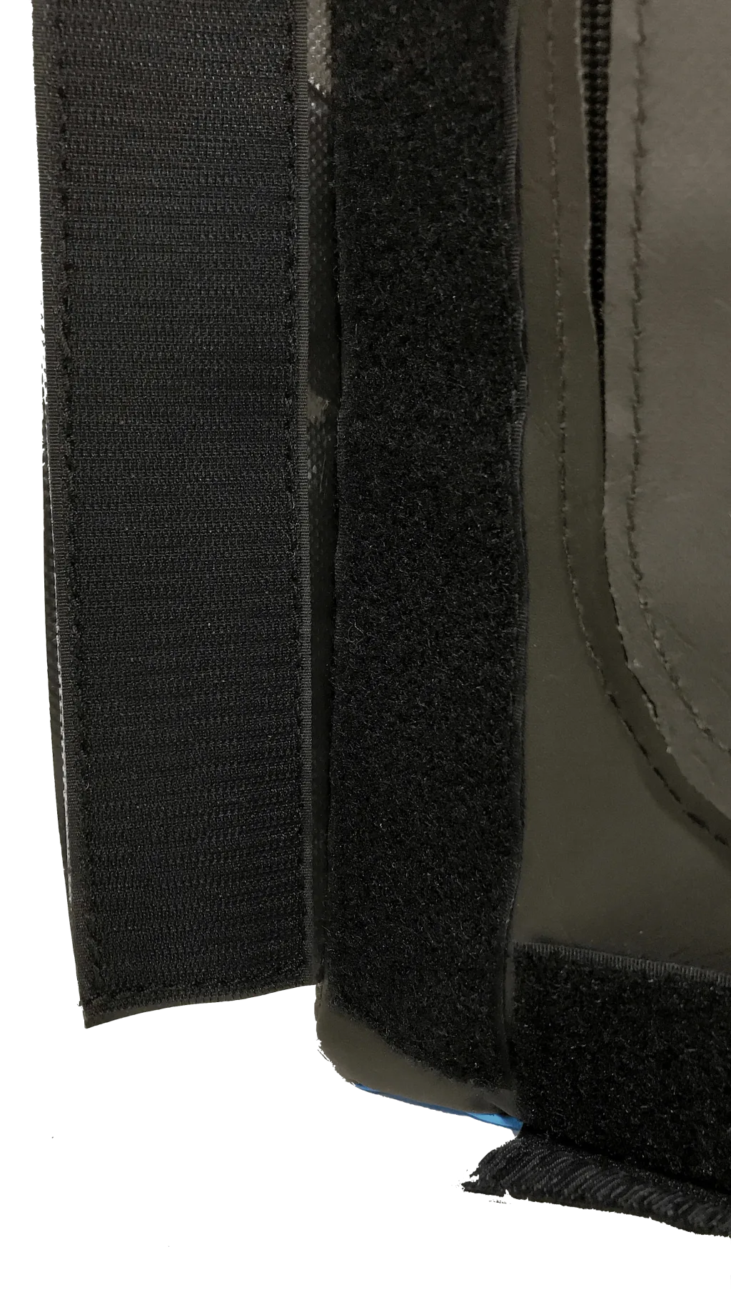 Close-up of hook-and-loop connectors on a heavy-duty flame-retardant PVC cover for a ninja step used in gymnastics and parkour.