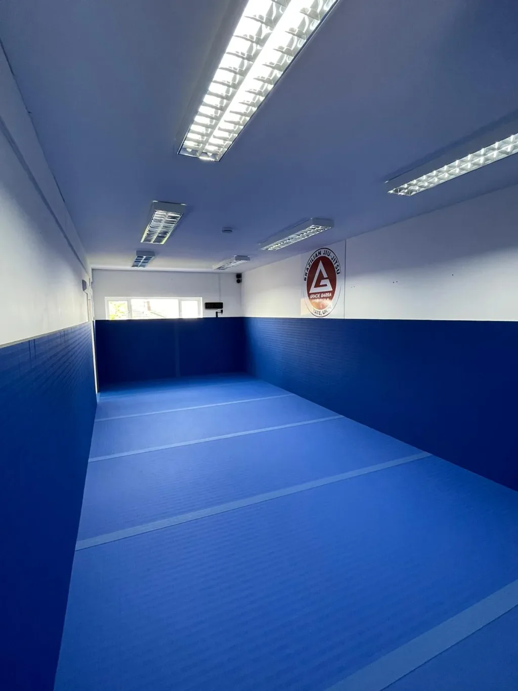 Blue roll-out mats cover the floor and lower walls of a narrow martial arts training room with ceiling lights and a round wall logo.